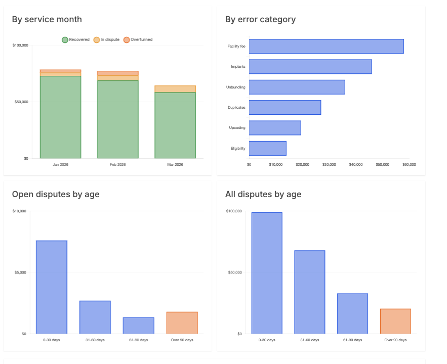 Savings Report breakdown by service month, by error category, and open and all disputes by age